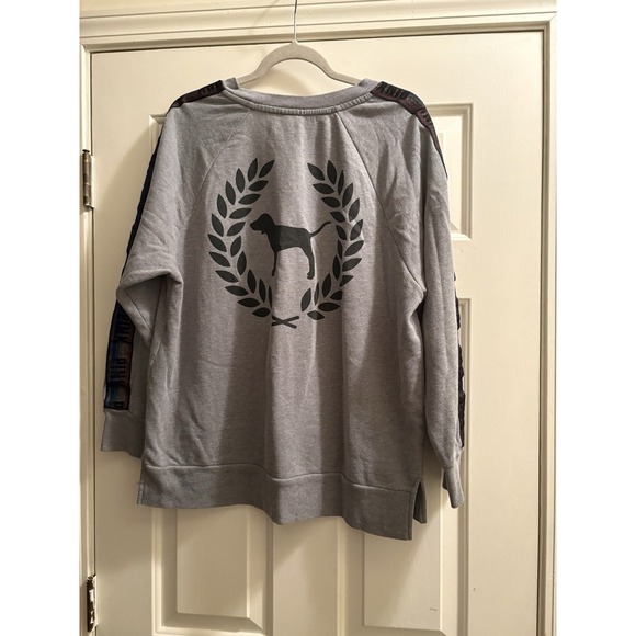 Victoria's Secret PINK Grey Dog Sweatshirt Rainbow Stripe Sleeve Logo Medium Y2K - Picture 3 of 5